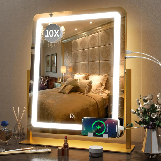 Vanity Mirror with Lights 22 Inch- LED Lighted Makeup Mirror, Large Makeup Mirror with Lights,Touch Screen with 3-Color Lighting,Led Mirror Makeup,Dimmable(Gold) Gold 19"x22" Anti Spier