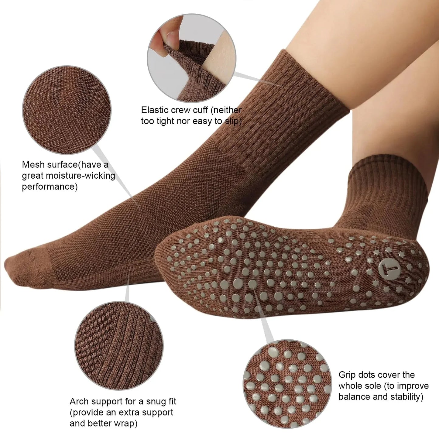 Toes Home Pilates Socks for Women with Non Slip Grippers, Yoga Crew Socks for Barre Hospital Sticky Slipper Socks 4 Pairs 6-10 Tan Anti Spier