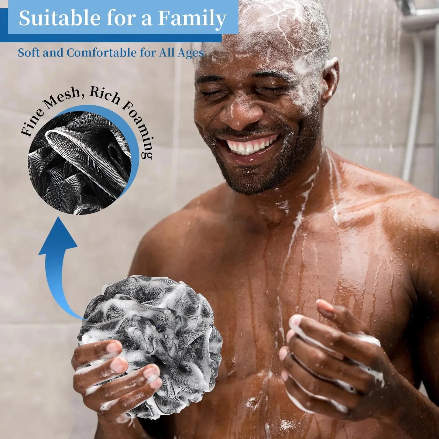 Bath Loofah Shower Sponge Body Back Scrubber Soft Mesh Shower Puffs Exfoliating Loofa for Women & Men Bath Accessories Cleaning Tool (4Pack 60G Black, Charcoal Black) 1 Count (Pack of 4) Anti Spier
