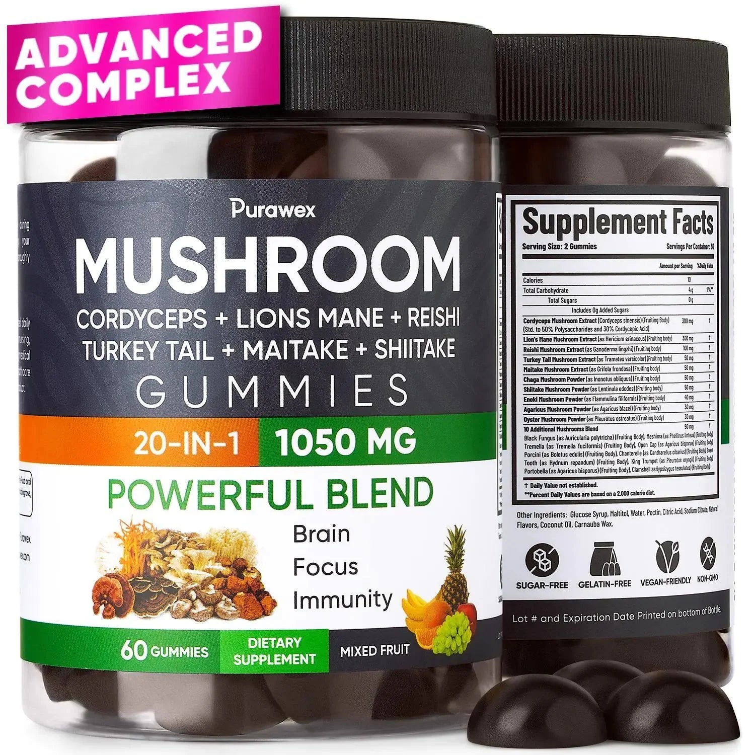 Purawex Mushroom Gummies, 20 in 1 Mushroom Complex 1050 MG, Cordyceps, Reishi, Anti Spier