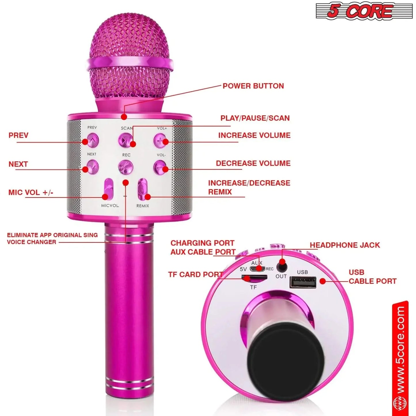 5Core Wireless Karaoke Microphone Bluetooth Mic Portable Handheld Microfonos Inalambricos Anti Spier