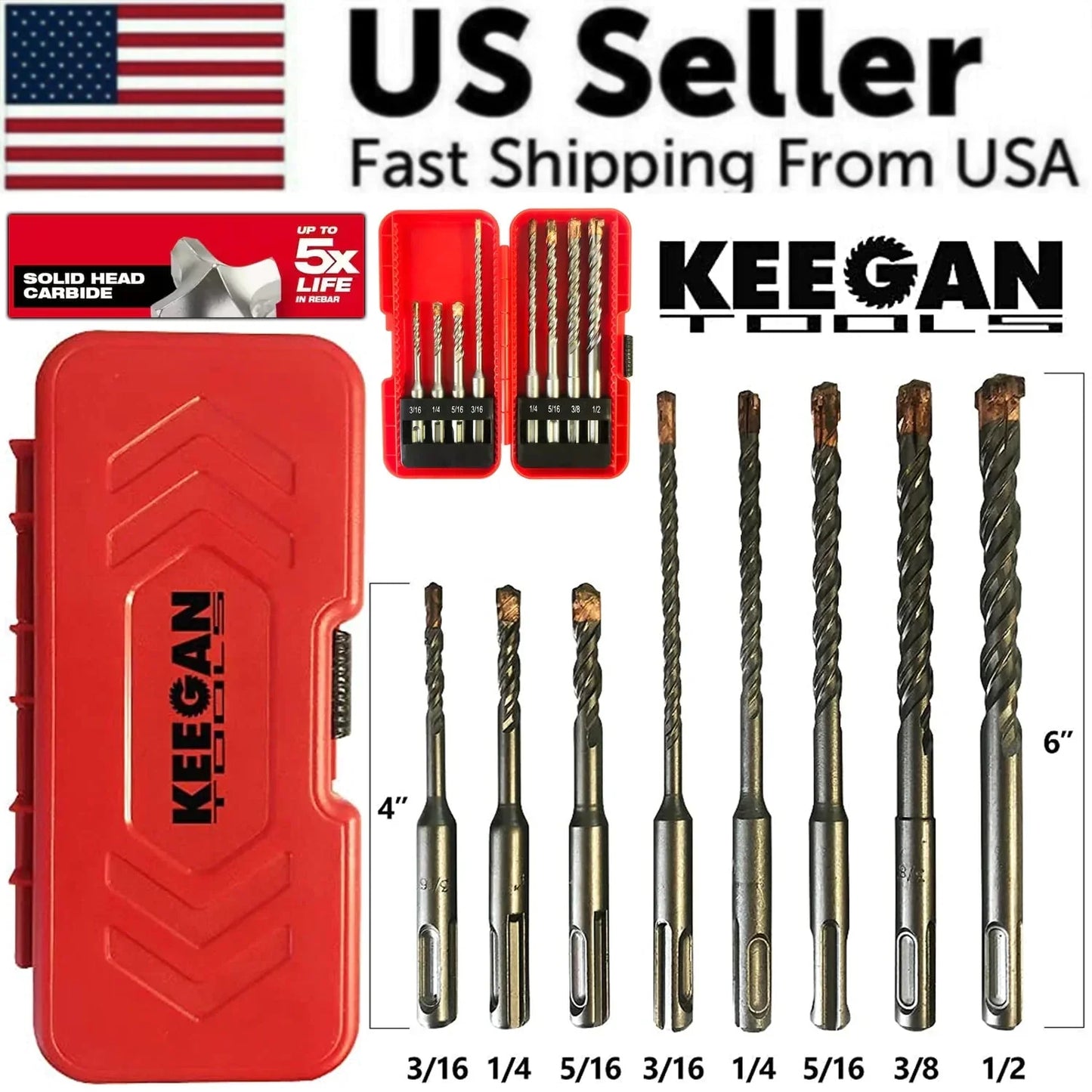 8PCS SDS Plus Drill Bit Set 4 Cutter Carbide Tip Rotary Hammer Concrete Masonry Anti Spier