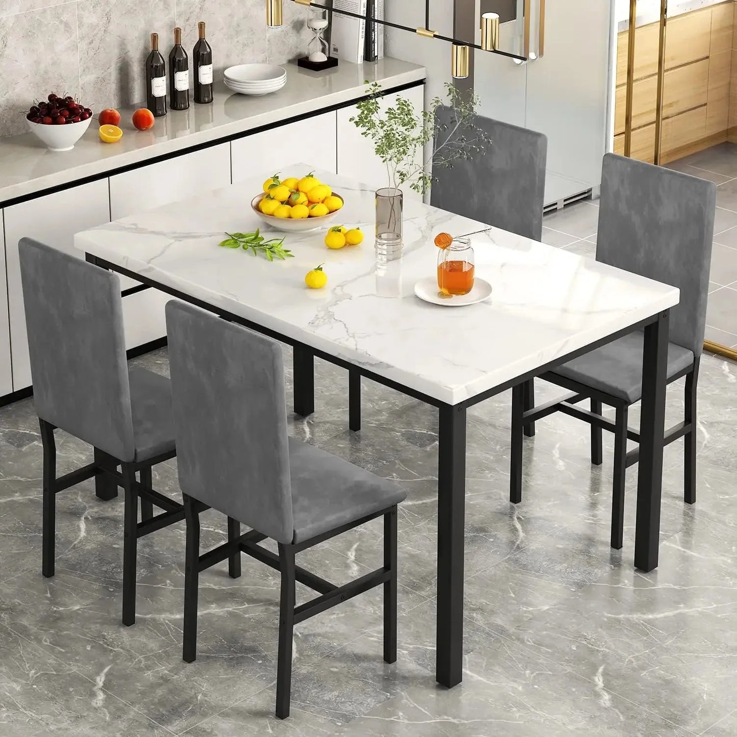 Dining Table Set for 4, 5-Piece Marble DiningTableSet with 4 Velvet Metal Frame Chairs for Kitchen, Bar, Living Room Anti Spier
