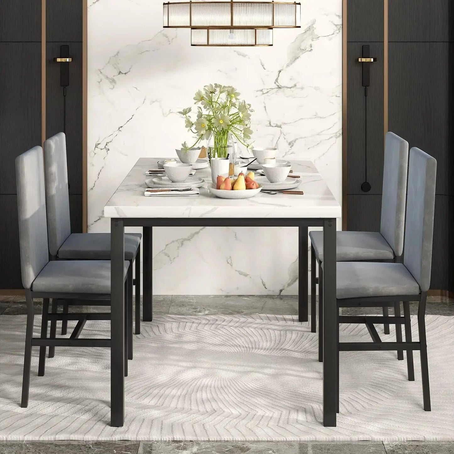 Dining Table Set for 4, 5-Piece Marble DiningTableSet with 4 Velvet Metal Frame Chairs for Kitchen, Bar, Living Room Anti Spier