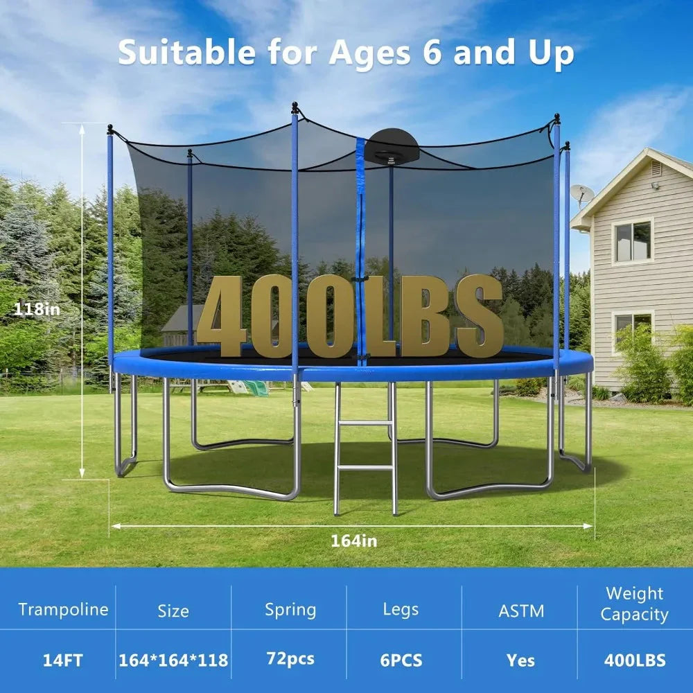 14 FT Outdoor Trampoline for and Adults With Basketball Hoop & Enclosure Net Jump Gym Elastic Bed Protector Trampoline Fitness Anti Spier