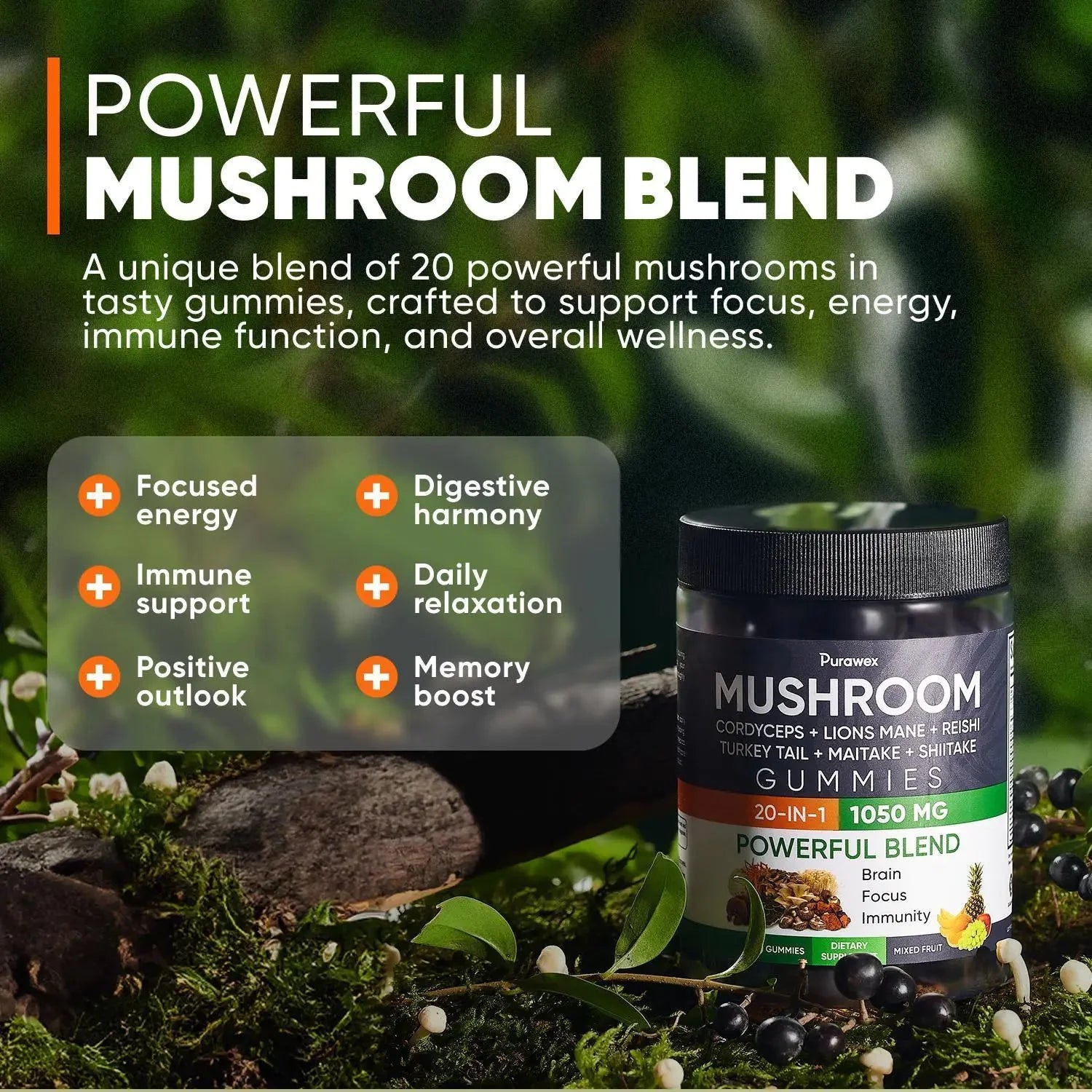 Purawex Mushroom Gummies, 20 in 1 Mushroom Complex 1050 MG, Cordyceps, Reishi, Anti Spier