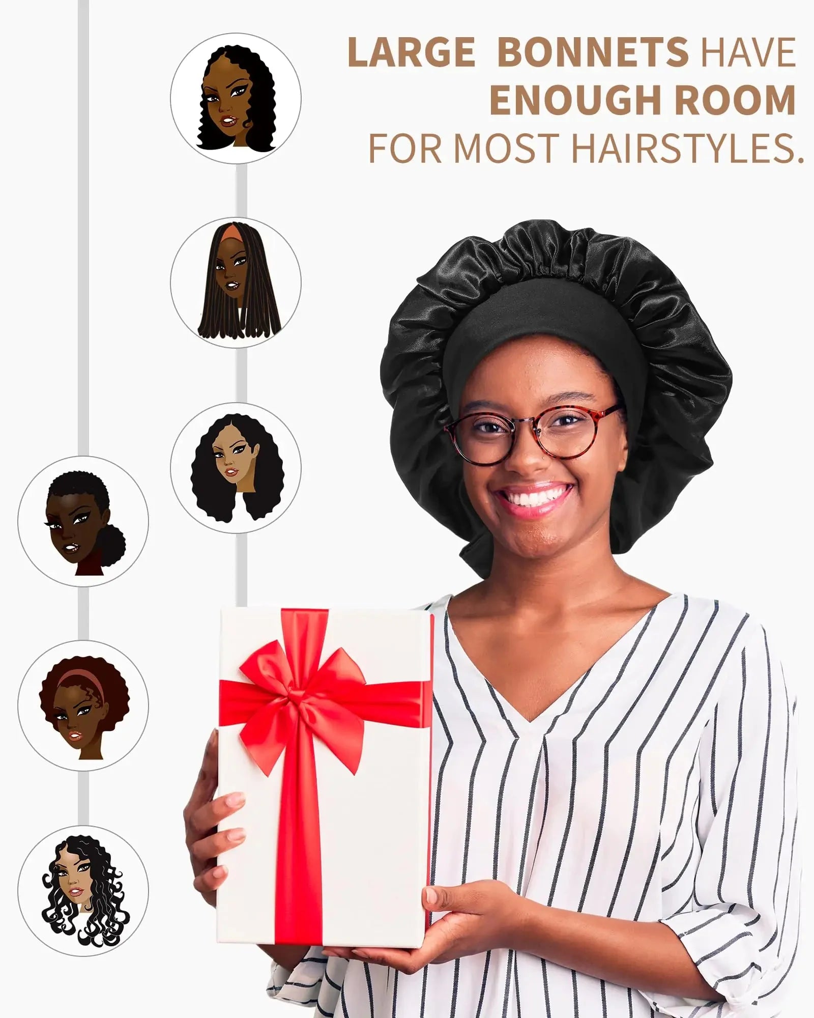 Satin Bonnet for Women Silk Bonnets for Sleeping Curly Hair Bonnet with Tie Band Double Layer Sleep Cap Hair Wrap 7-7 3/8 Black + Red Flower Anti Spier