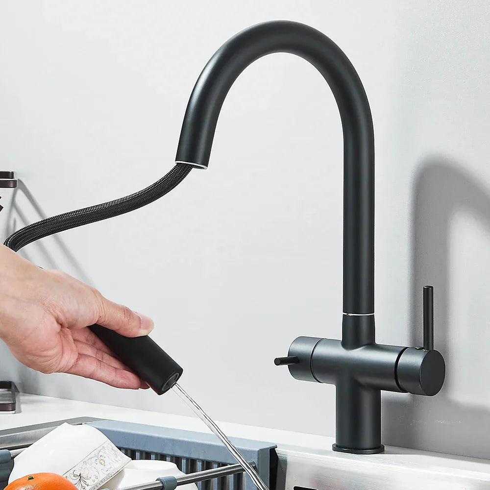 Filtered Kitchen Sink Faucet With Retractable Sprayer Brass Water Filter Tap Drinking Water Tap Vessel Sink Mixer For Kitchen Anti Spier