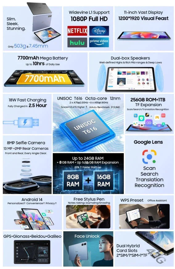 Blackview TAB16 PRO, Android 14 Unlocked Tablet 11 inch, 24GB(8+16) RAM+256GB ROM 7700mAh-18W WIFI GPS 4G calling tablet Anti Spier