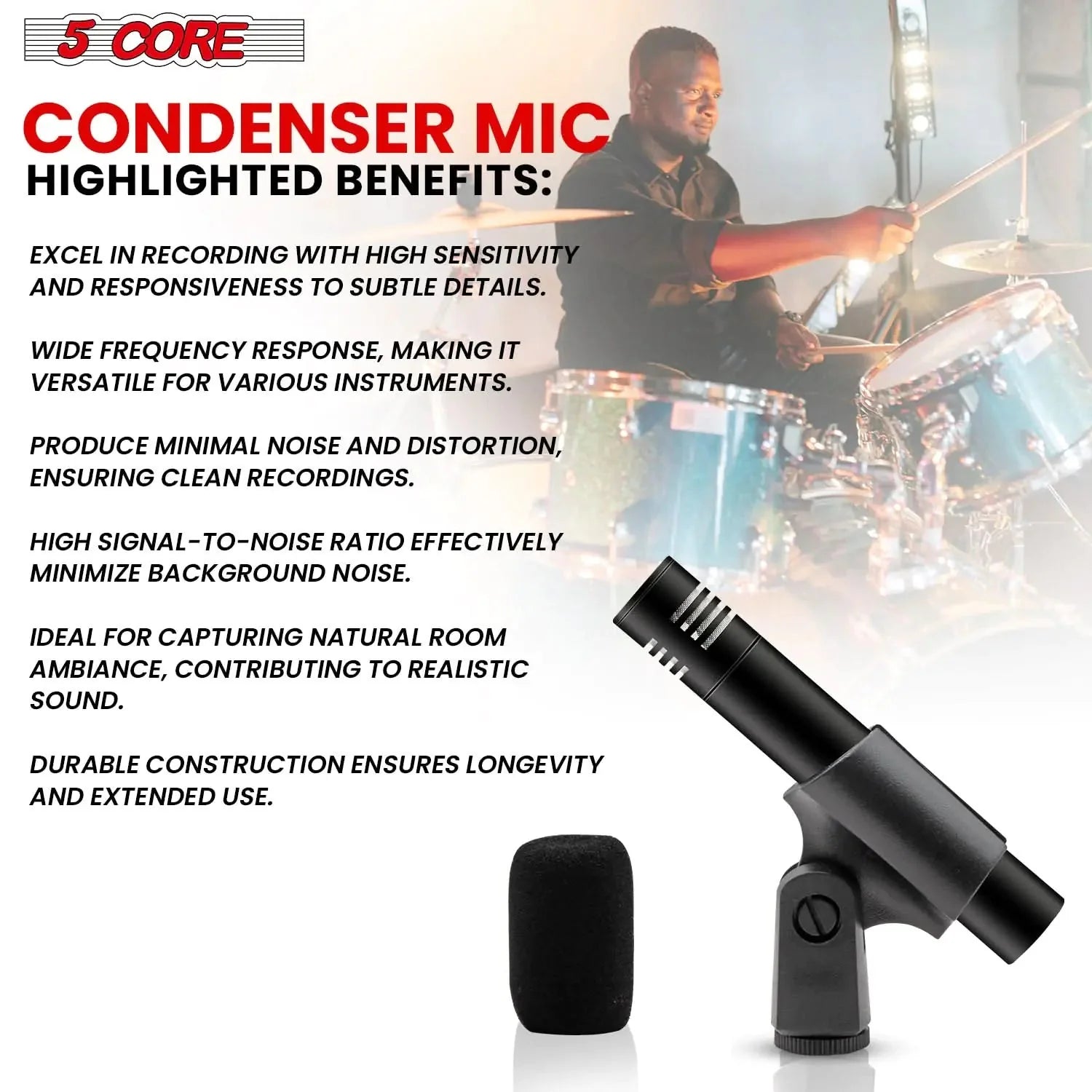 5Core Dynamic Instrument Microphone Professional XLR Cardioid Pencil Stick Condenser Mic Anti Spier