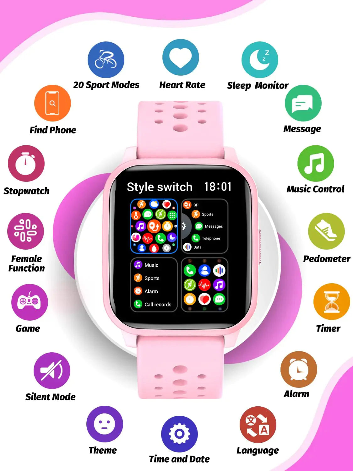Kids Smart Watch Girls Boys, Smart Watch for Kids Game Smart Watch Gifts for 4-16 Years Old with Sleep Mode 20 Sports Modes 5 Games Pedometer Birthday Gift for Boys Girls (Pink) Pink Anti Spier