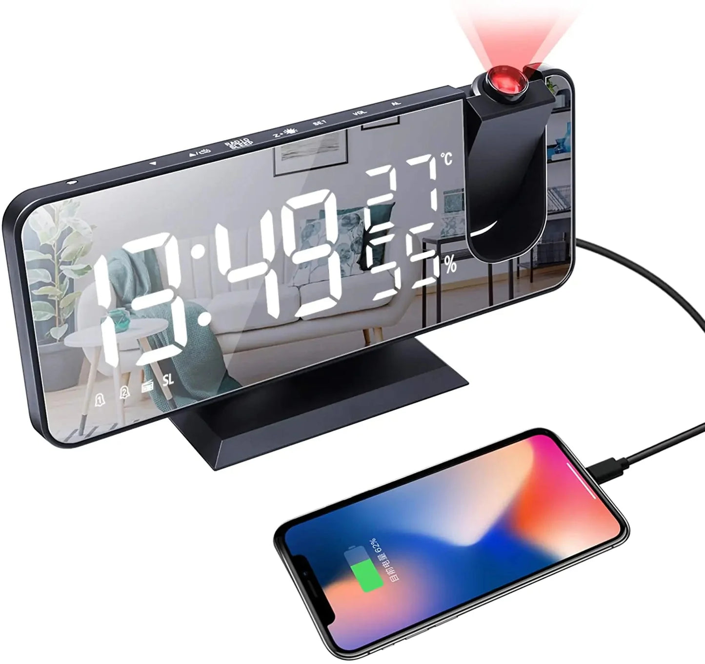LED Projection Digital Alarm Clock Phone Charger Anti Spier