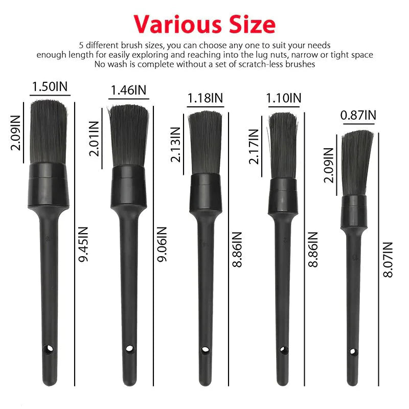 5PC Car Detailing Brush Kit Boar Hair Vehicle Auto Interior For Wheel Clean Sets Anti Spier