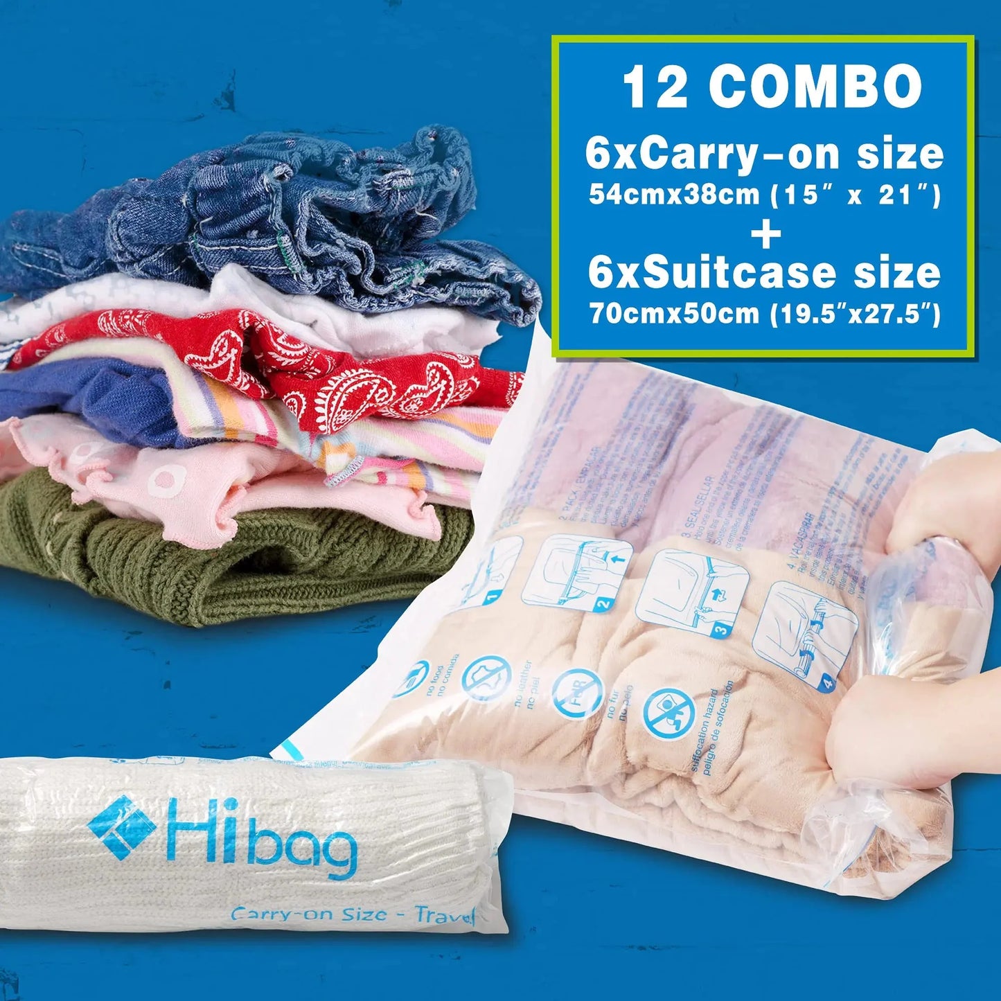 HIBAG 12 Compression Bags for Travel, Travel Essentials Compression Bags, Vacuum Packing Space Saver Zipper Bags for Cruise Travel Accessories (12-Travel) Anti Spier