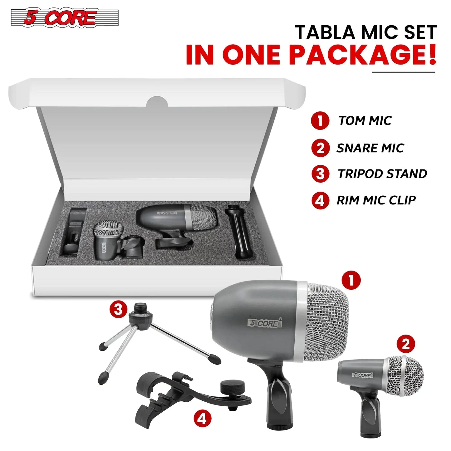 5Core Tabla Microphone Set Uni-Directional XLR Kick Snare Bayan Dayan Instrument Mic Anti Spier