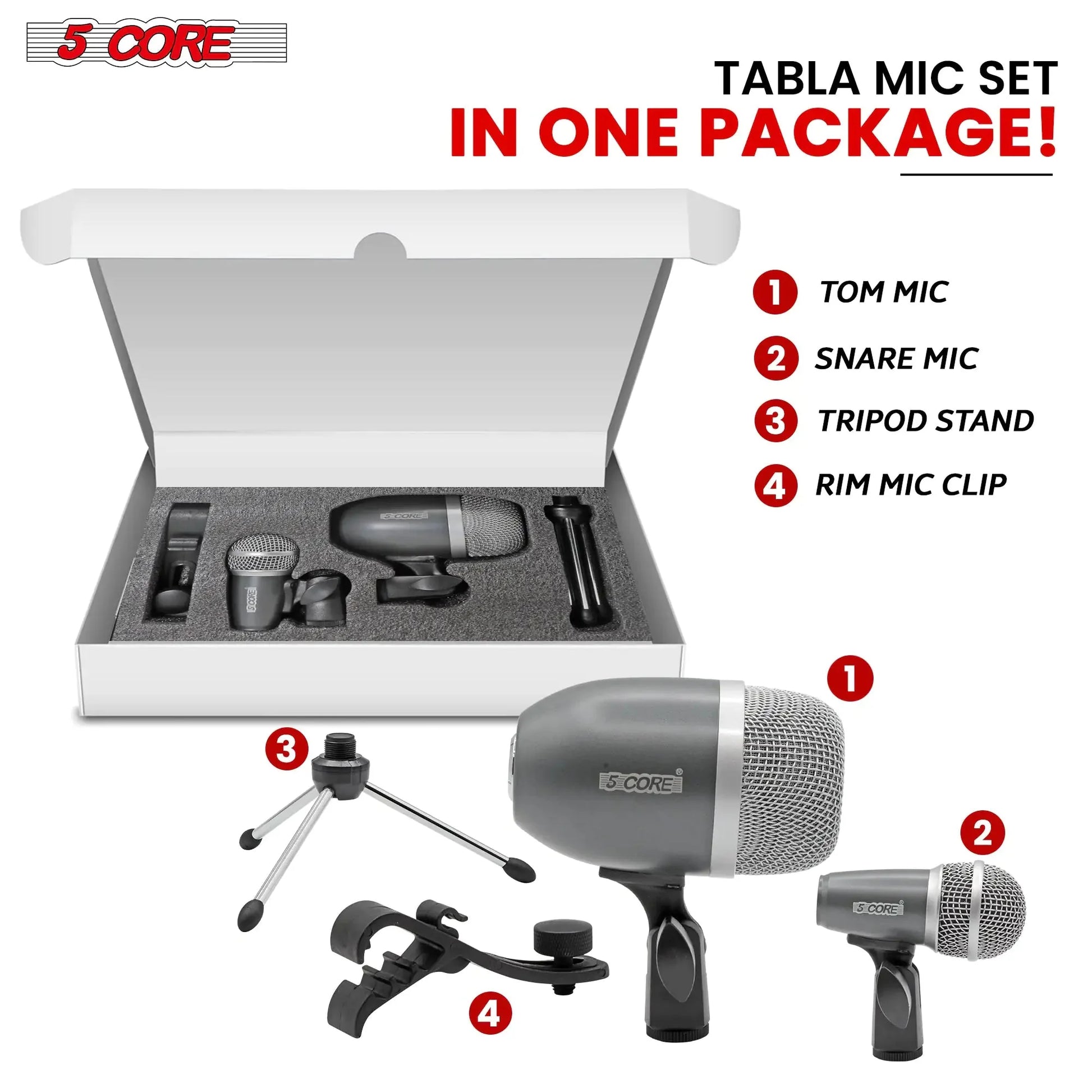 5Core Tabla Microphone Set Uni-Directional XLR Kick Snare Bayan Dayan Instrument Mic Anti Spier