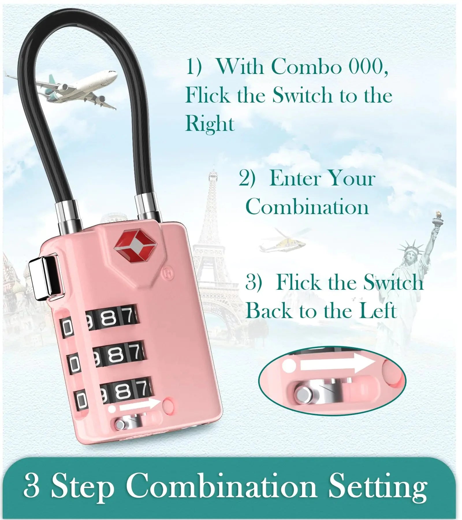 Search Alert TSA Approved Travel Combination Luggage Cable Locks for Suitcase, Gym Locker,Toolbox,Backpack 1,2,4,6 &10 pk Pink 2 Pack Anti Spier