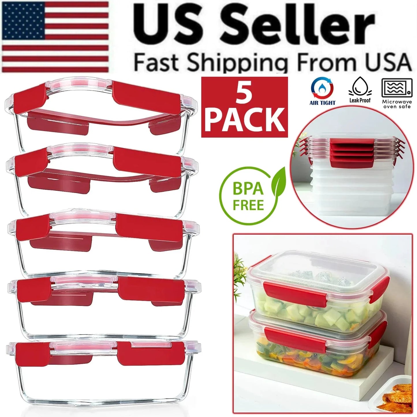 5 Pack Stackable Food Storage Containers Airtight & Leakproof Set Snap Lock Lids Anti Spier