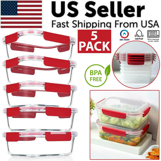 5 Pack Stackable Food Storage Containers Airtight & Leakproof Set Snap Lock Lids Anti Spier