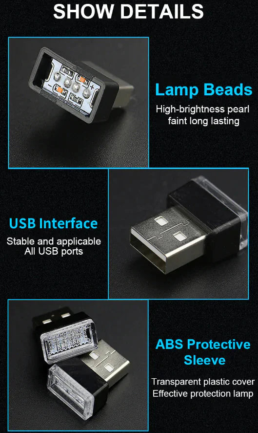 3x Mini Blue LED USB Car Interior Light Neon Atmosphere Ambient Lamp Accessories Anti Spier