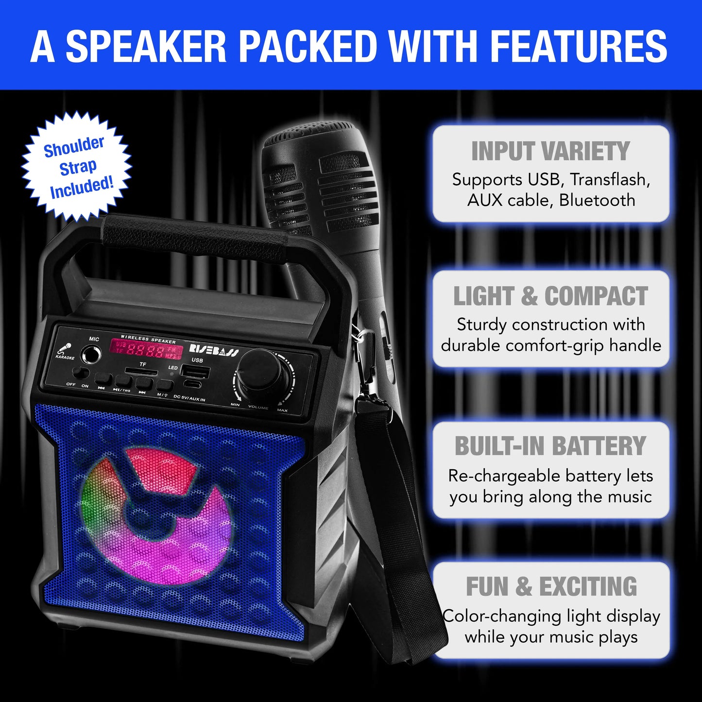 Risebass Portable Karaoke Machine with Microphone - Home Karaoke System with Party Lights for Kids and Adults - Rechargeable USB Speaker Set with FM Radio, SD/TF Card Support, and AUX-in Anti Spier