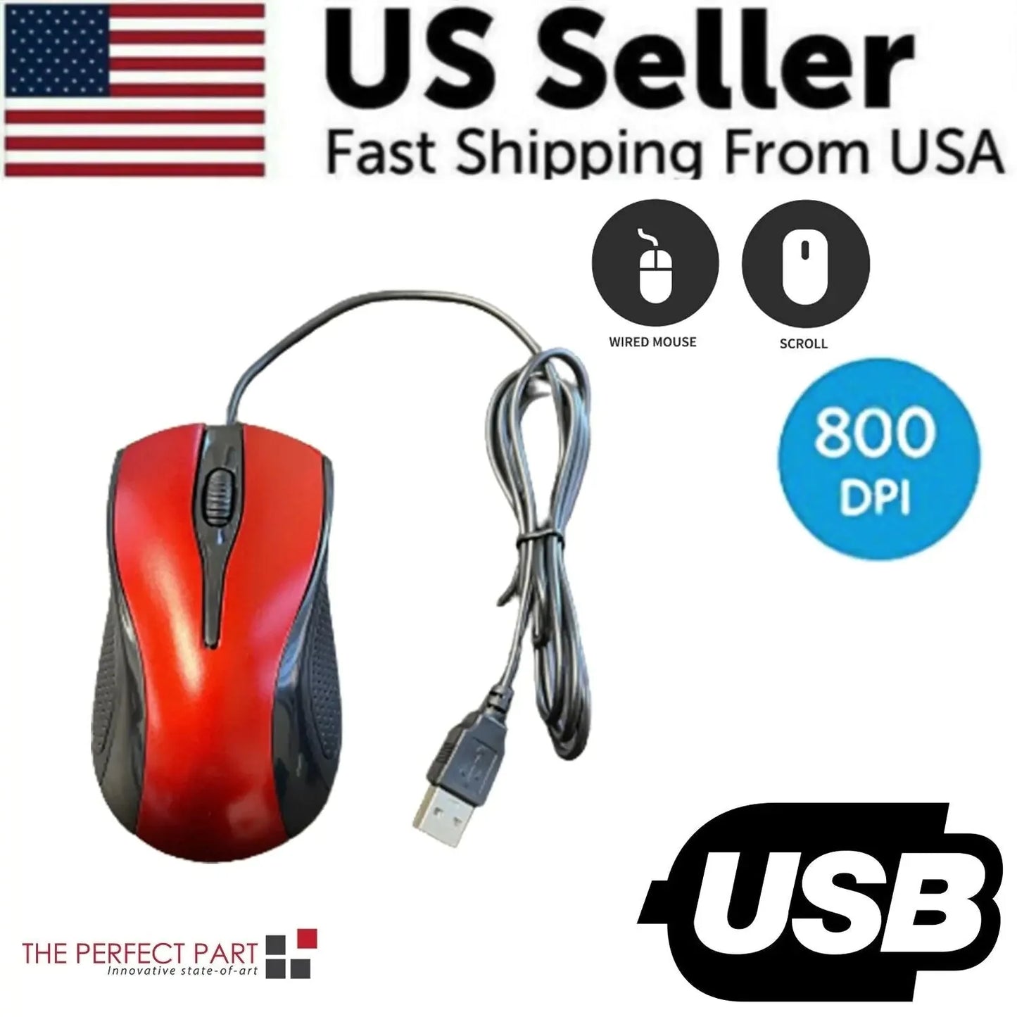 USB 2.0 Optical Wired Scroll Wheel Mouse For PC Laptop Notebook Desktop Red Mice Anti Spier