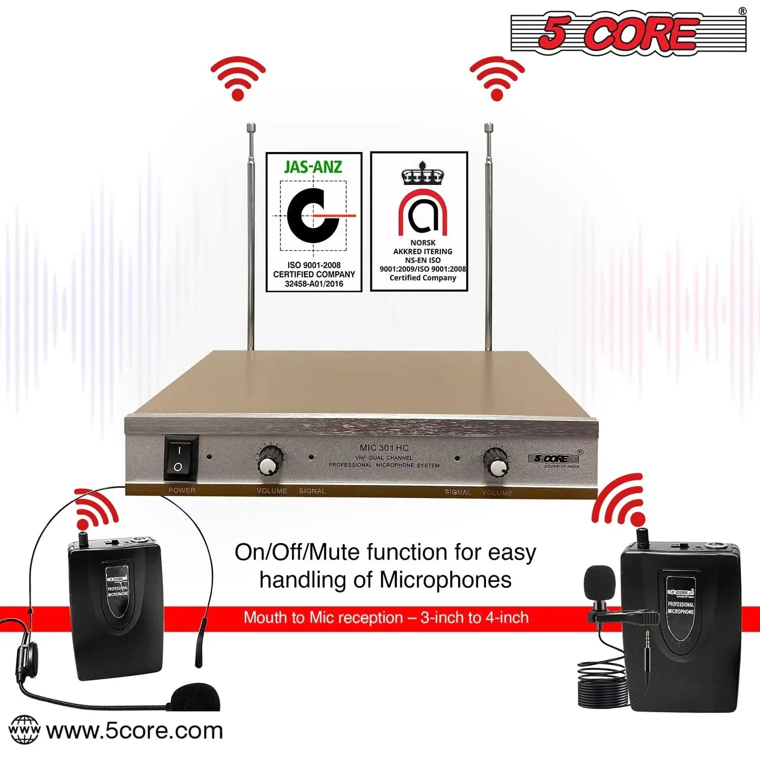 5Core Wireless Microphones w 1 Headset 1 Collar Mic + Receiver Microfono Inalambrico Anti Spier