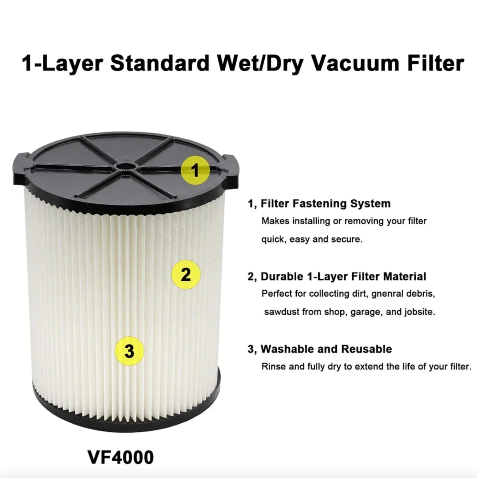 VF4000 Replacement RIDGID Wet/Dry Washable Vacuum Garage Shop Vac Pleated Filter Anti Spier