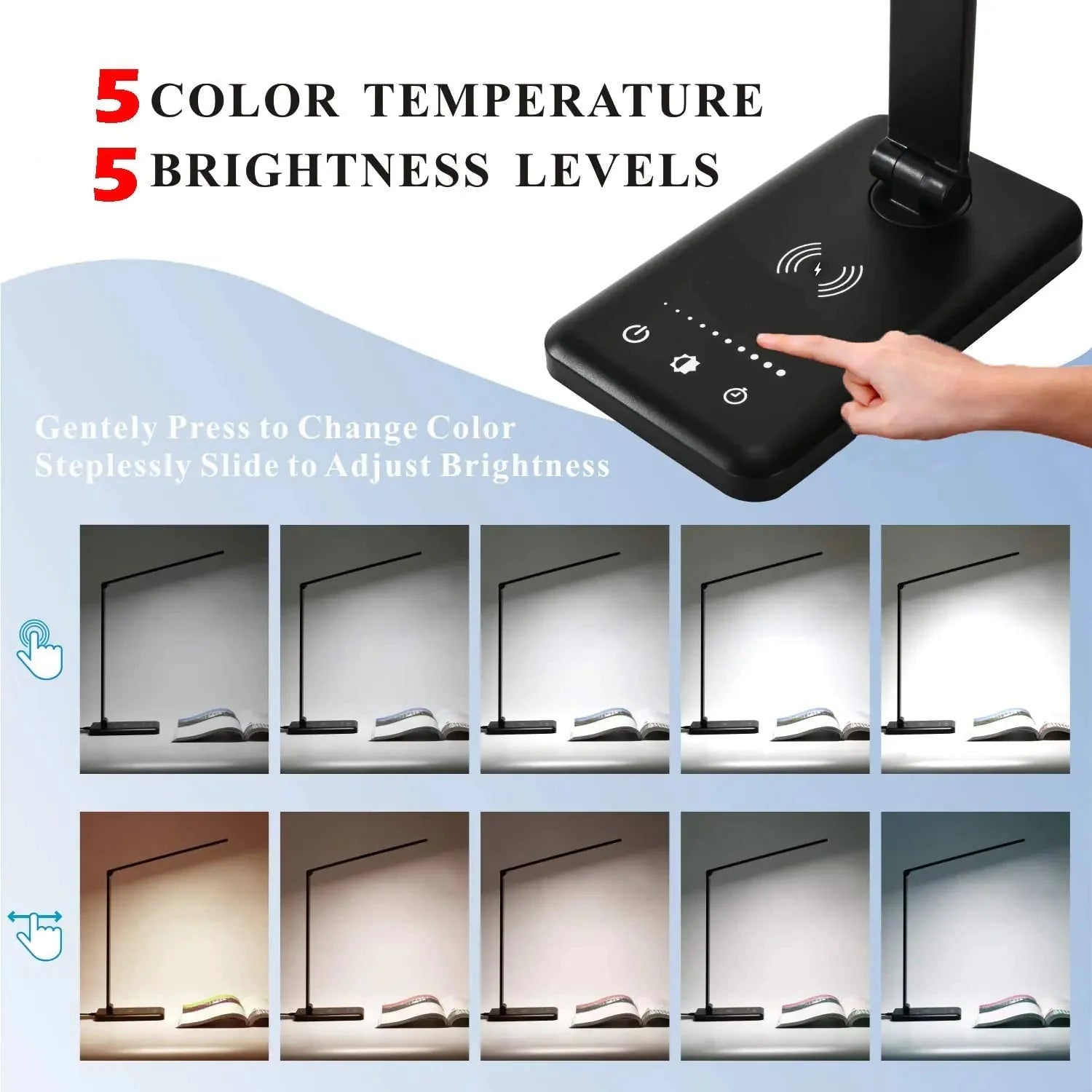 5 Lighting Mode LED Desk Lamp + Wireless Phone Charger Anti Spier