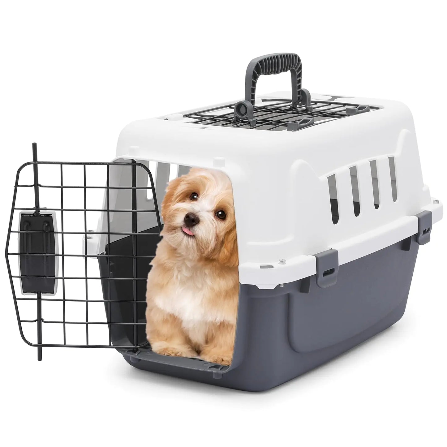 MoNiBloom 18-Inch 2-Door Top Loading Cat Carrier Plastic Dog Crate Hard-Sided Dog Travel Carrier for Small Dogs and Cats Ventilation and Security Lock Design for Pets up to 10 lbs (Grey)