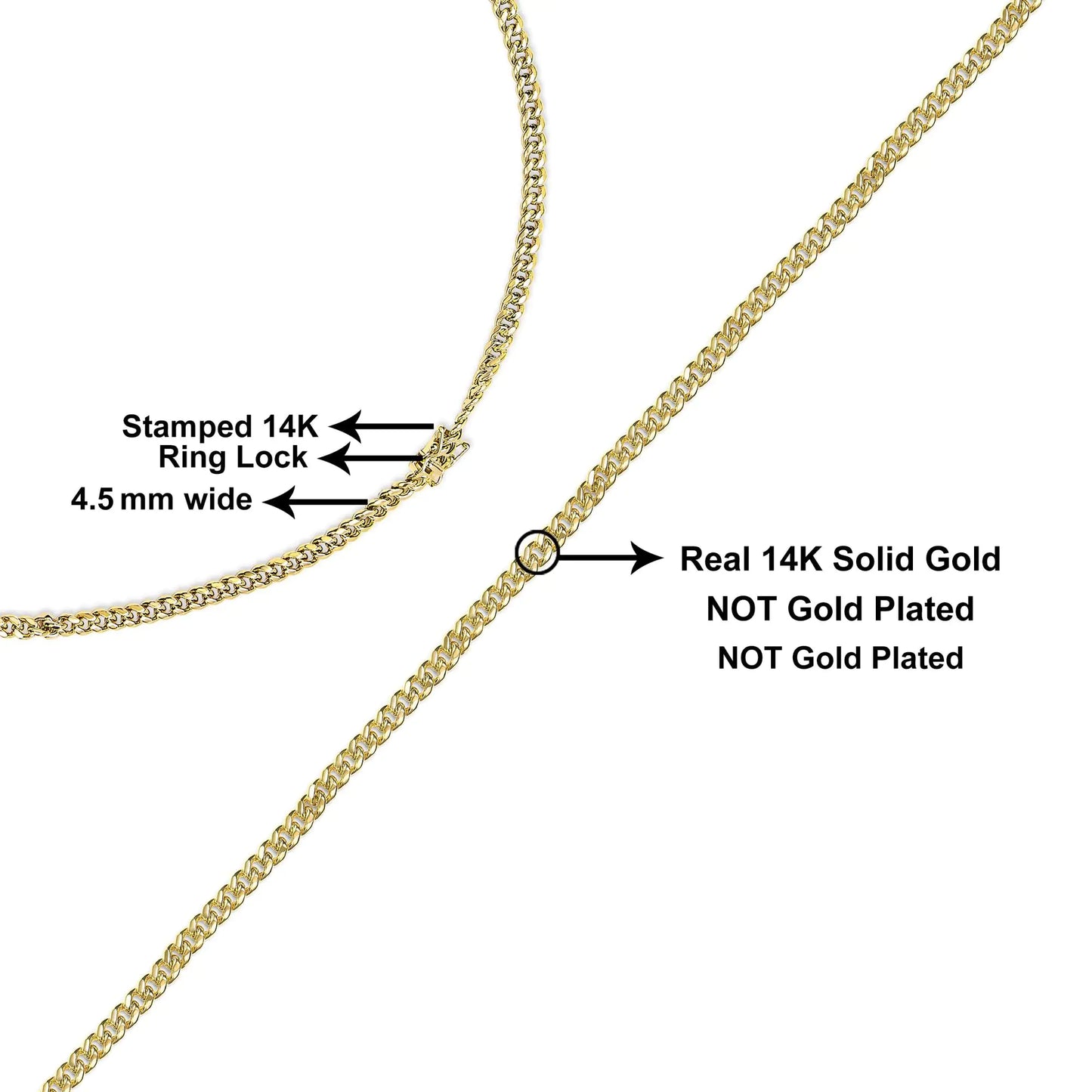 Semi-Solid 14K Yellow Gold 4.5mm Miami Cuban Chain Necklace - Unisex Chain - Anti Spier 