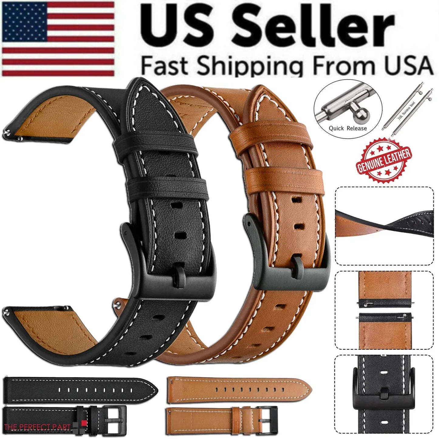 18mm 20mm 22mm Classic Genuine Leather Watch Band Strap Quick Release Wristband - Anti Spier 
