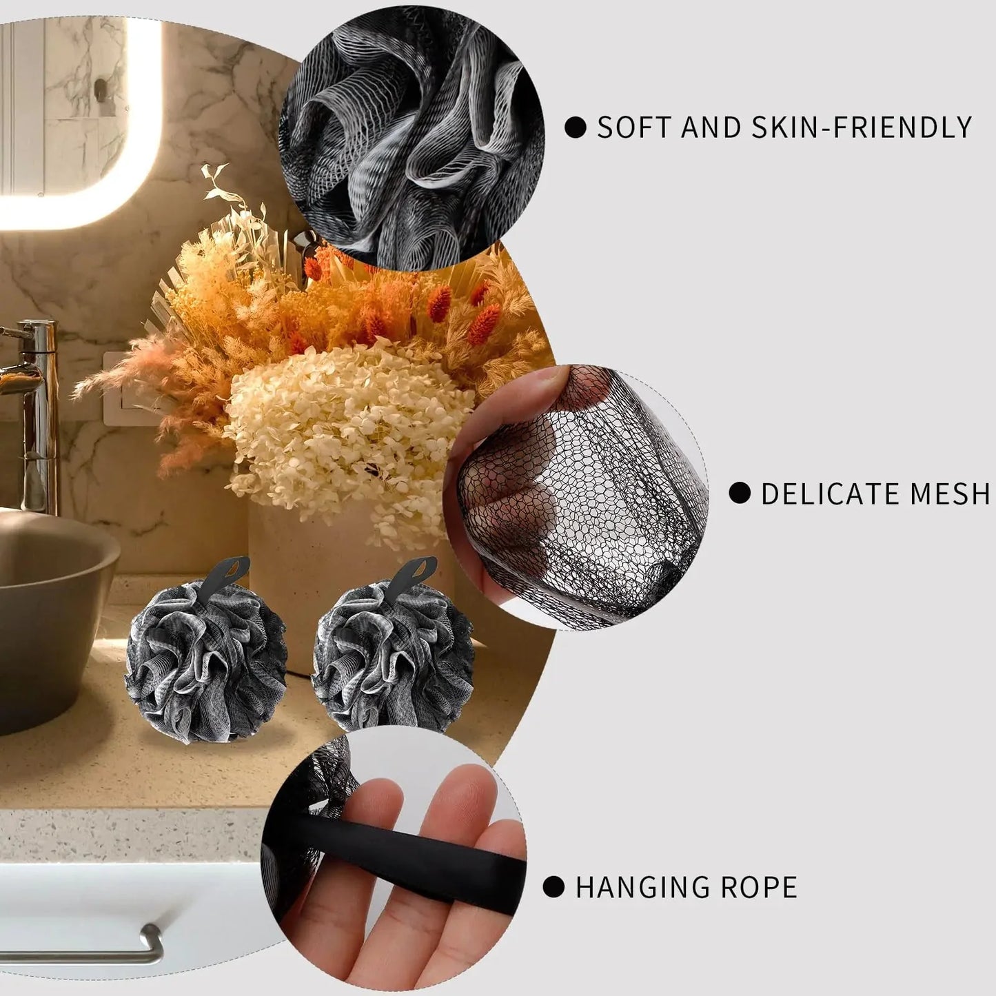 Bath Loofah Shower Sponge Body Back Scrubber Soft Mesh Shower Puffs Exfoliating Loofa for Women & Men Bath Accessories Cleaning Tool (4Pack 60G Black, Charcoal Black) 1 Count (Pack of 4) Anti Spier