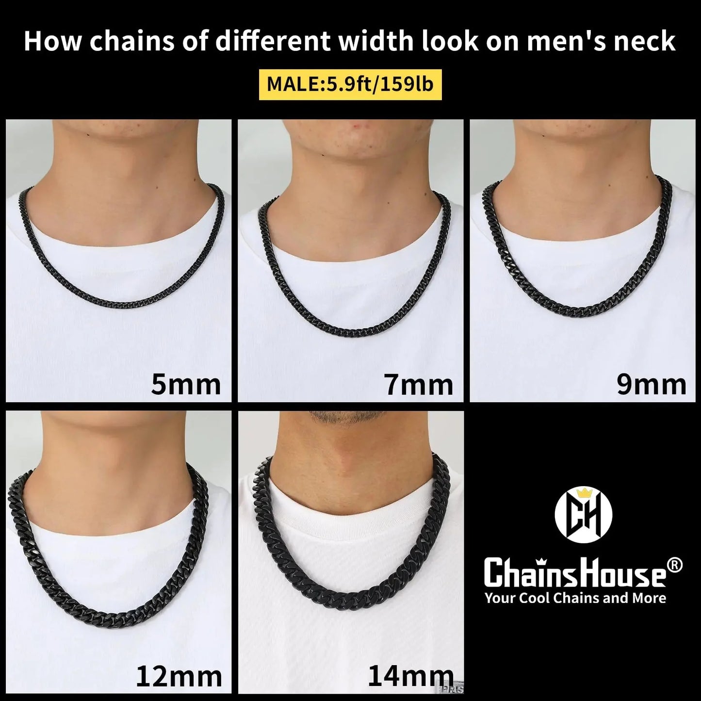 ChainsHouse Stainless Steel Mens Cuban Link Chain, Black/18K Gold Miami Cuban Chain Necklace, 5/7/9mm/12mm Width, No Tarnish& Durable Hip Hop Mens Jewelry, 18"-30", Send Gift Box 20 inches d. 12mm width-black Anti Spier