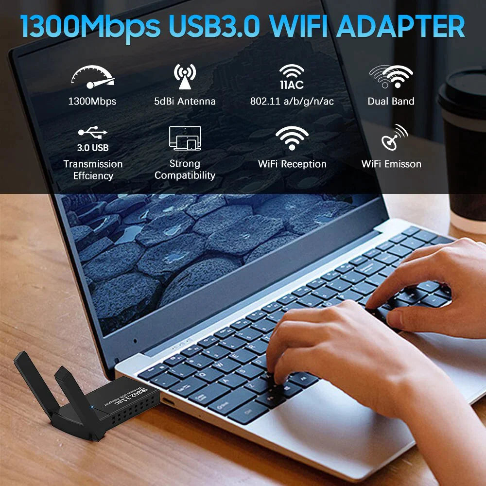 USB 3.0 Wireless WIFI Adapter 1300Mbps Long Range Dongle Dual Band 5Ghz Network Anti Spier