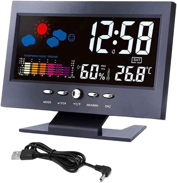 LED Digital Alarm Clock Snooze Calendar Thermometer Hygrometer Weather Display Anti Spier