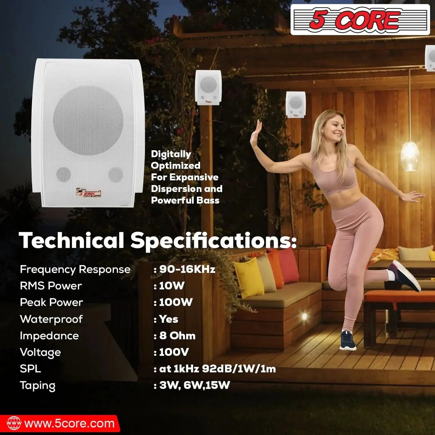 5Core Outdoor Speakers Stereo In Wall 100W Peak Passive Home Audio System Anti Spier