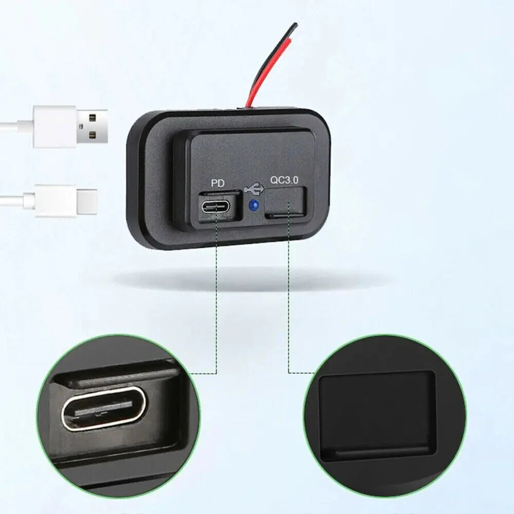12-24V 4.8A Dual USB PD QC3.0 Car Boat RV Fast Charger Socket LED Power Outlet Anti Spier