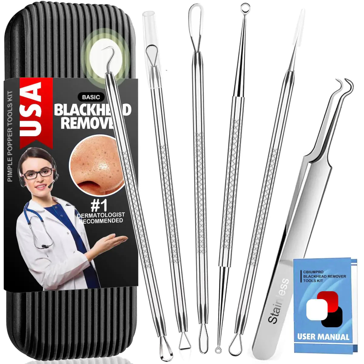 Cbiumpro Blackhead Remover Tools, Pimple Popper Tool Kit, Blackhead Extractor Tool, Zit Popper Tool, Professional Pimple Extractor Tool for Blackhead, Acne, Whitehead, Comedone on Nose - with Case Pimple Popper Tools 6 Pack - Cool Black Anti Spier