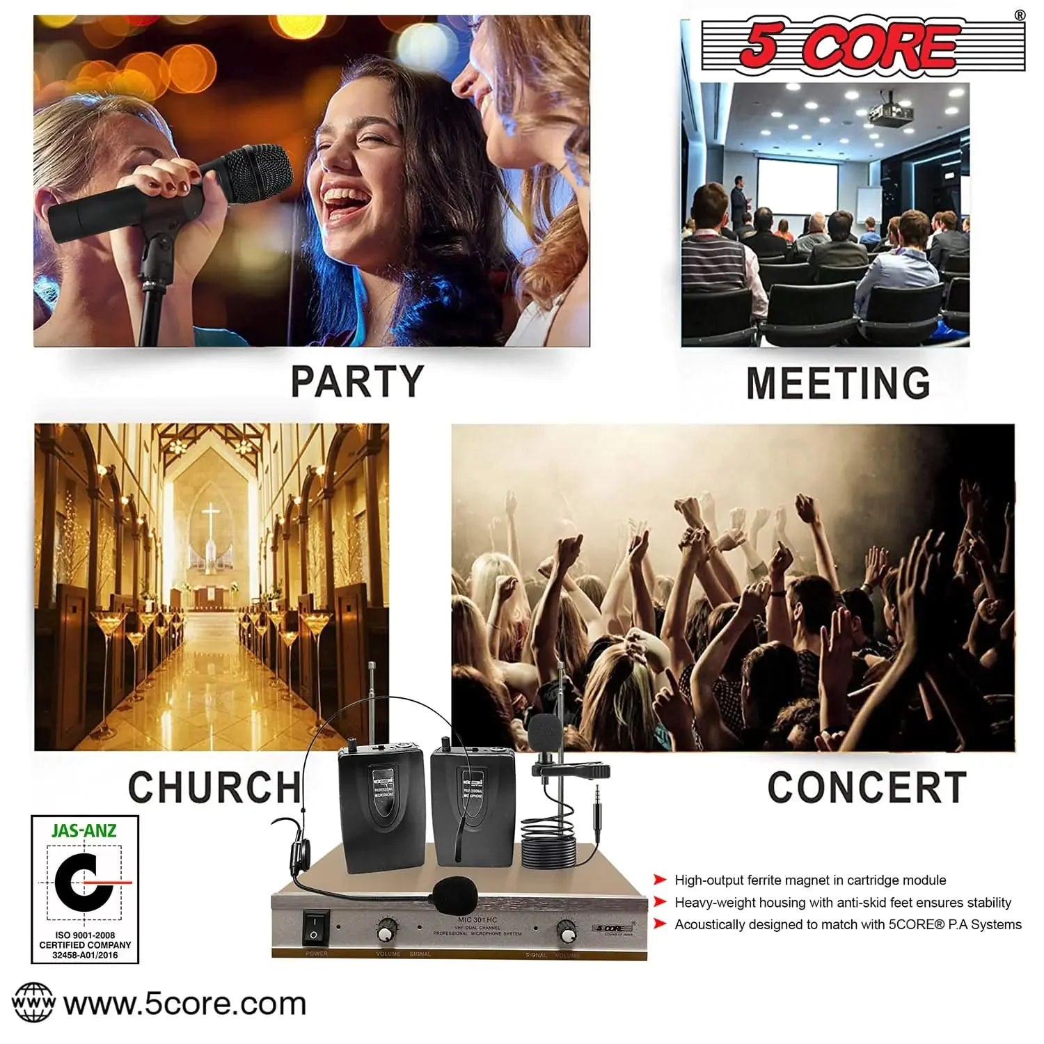 5Core Wireless Microphones w 1 Headset 1 Collar Mic + Receiver Microfono Inalambrico Anti Spier