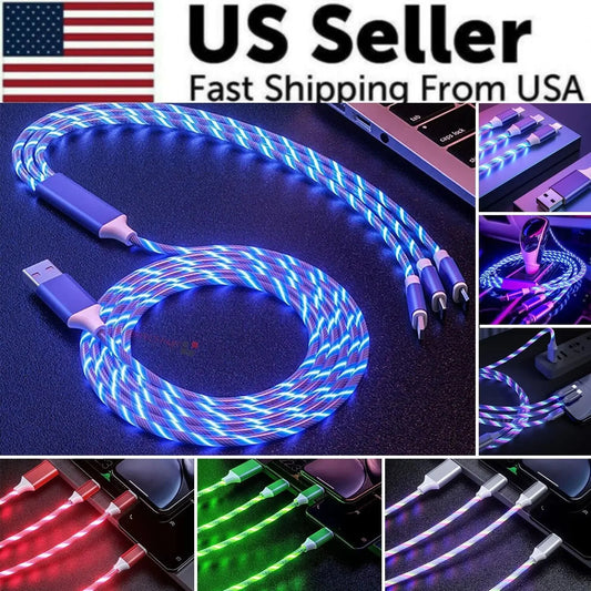 3 in 1 LED Fast Charging Cable Adapter For iPhone Micro USB Type C Charger Cord Anti Spier