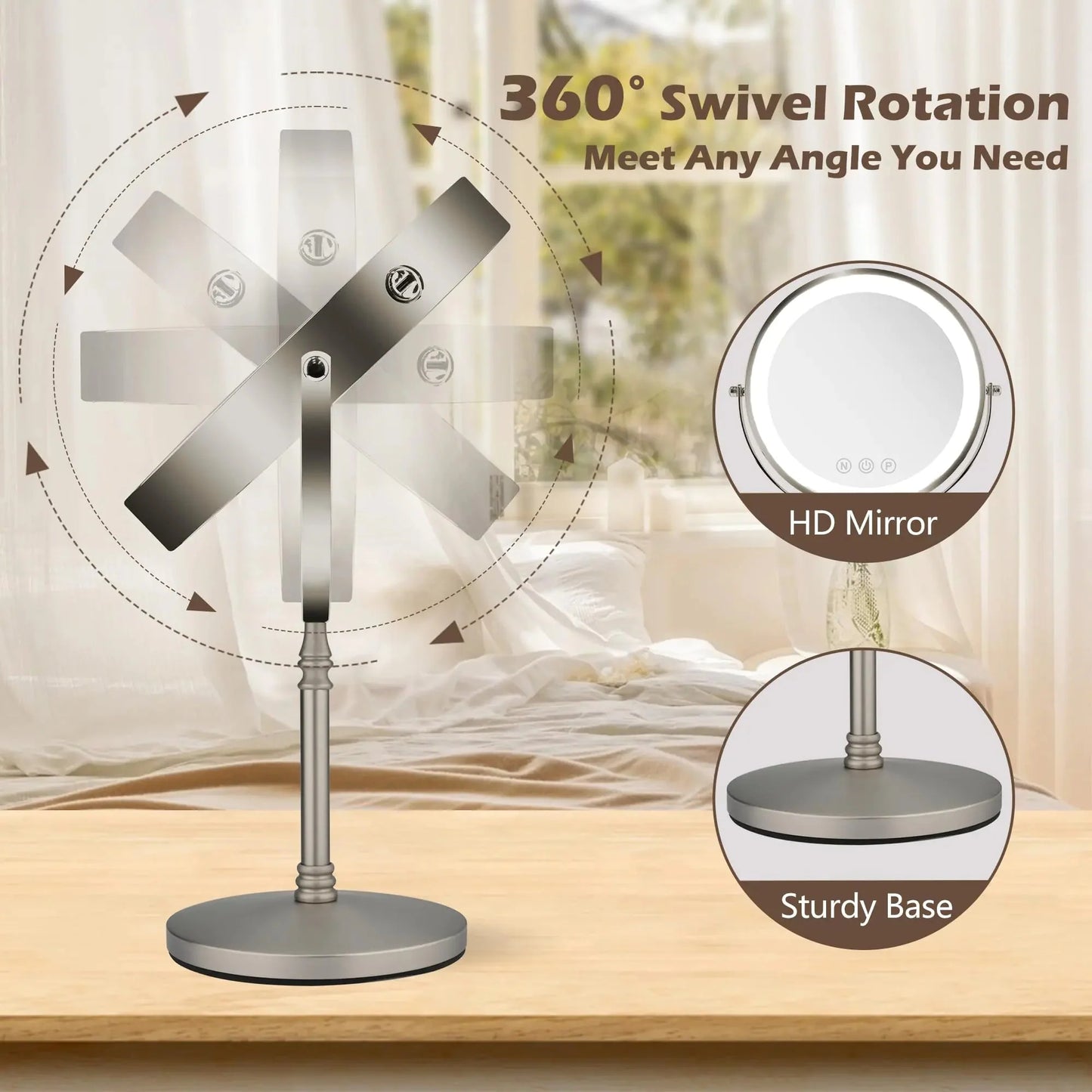 9" Large Makeup Mirror with Lights, 1X/10X Magnifying Vanity Mirror with 3 Colors Dimmable Lightning, 80 LED Lights, 360°Rotation Double Sided Standing Lighted Makeup Mirror Nickel Matte Nickel Anti Spier