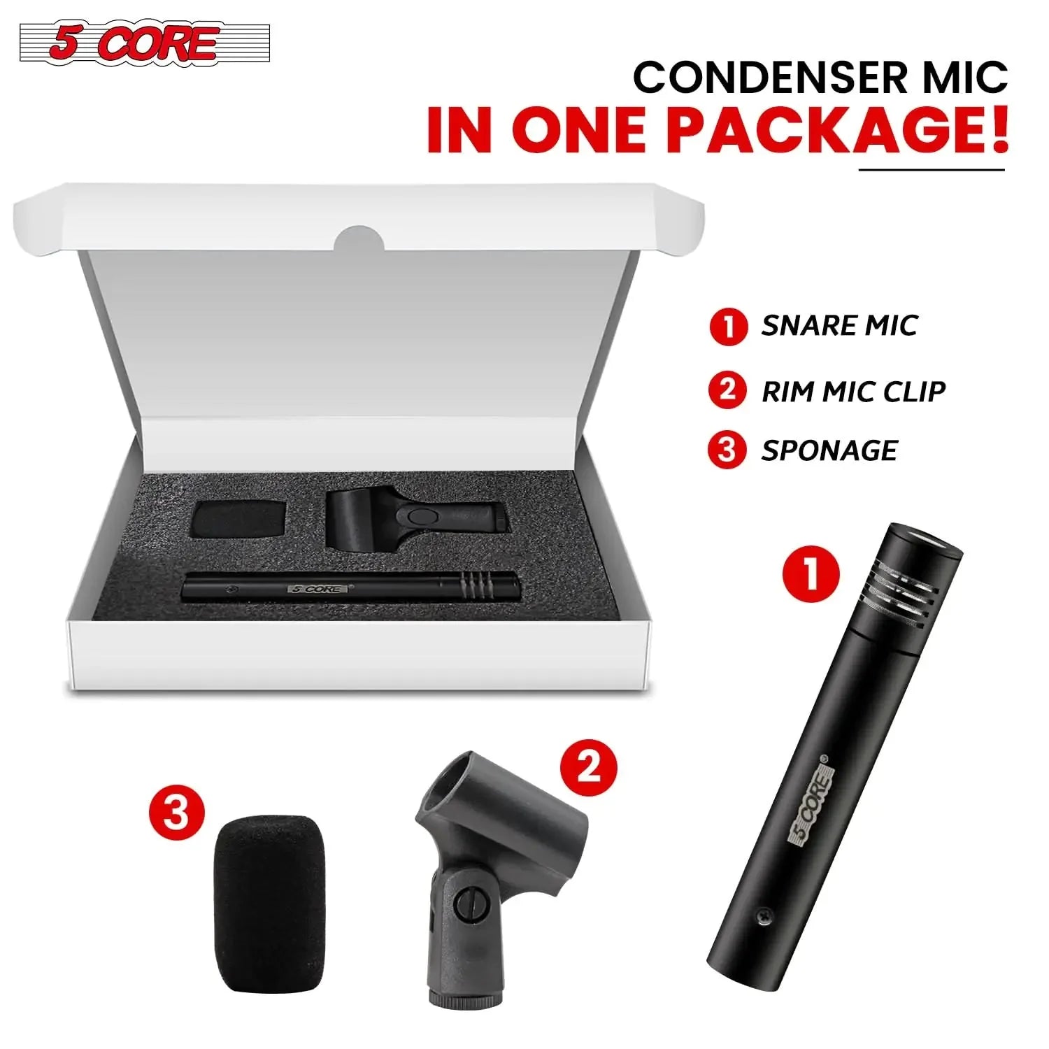 5Core Dynamic Instrument Microphone Professional XLR Cardioid Pencil Stick Condenser Mic Anti Spier