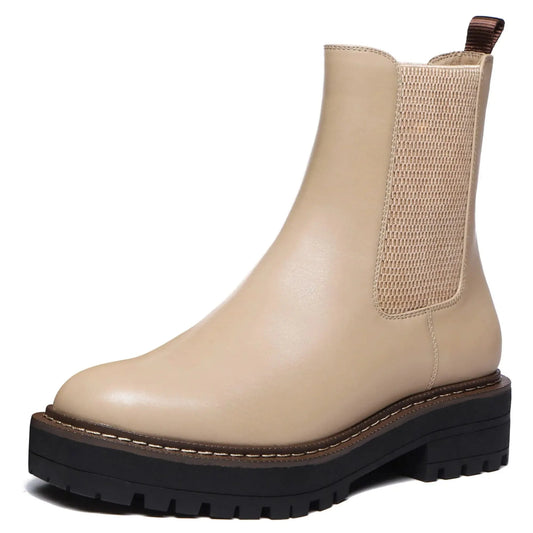 Athlefit Women's Chelsea Ankle Boots Platform Slip On Chunky Heel Lug Sole Leather Booties 9.5 Khaki Anti Spier