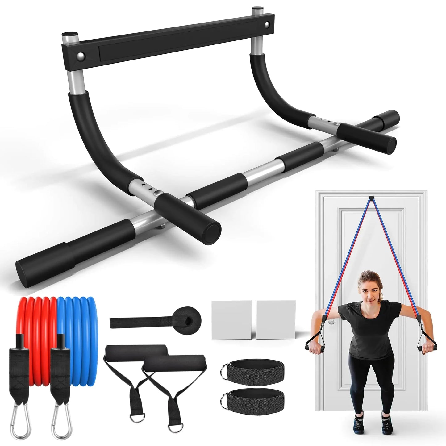 ONETWOFIT Pull Up Bar for Doorway Adjustable Door Frame Chin Up Bar Portable Pull-Up Bar for Home Gym Strength Training Upper Body Fitness Workout Exercise Bar with Resistance Bands Set Anti Spier