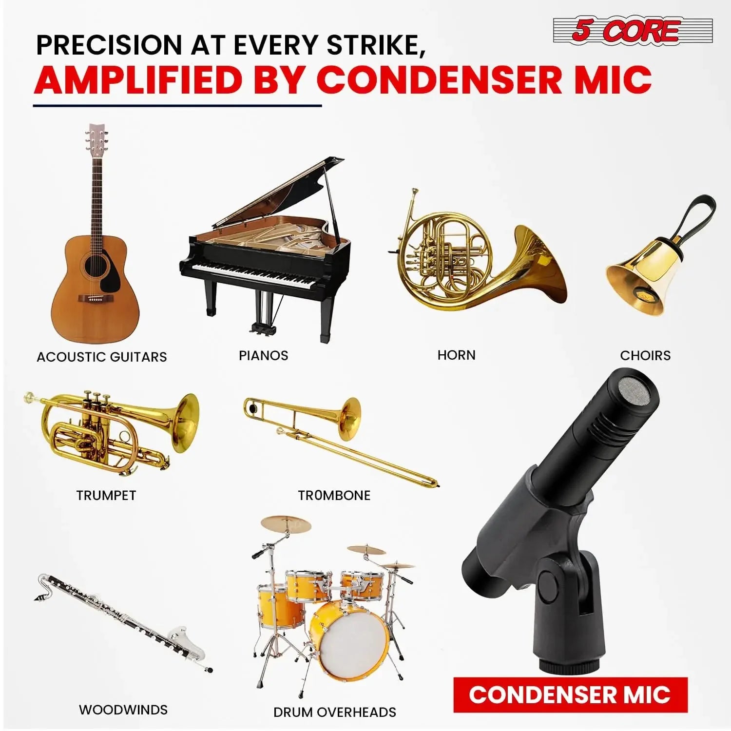 5Core Dynamic Instrument Microphone Professional XLR Cardioid Pencil Stick Condenser Mic Anti Spier
