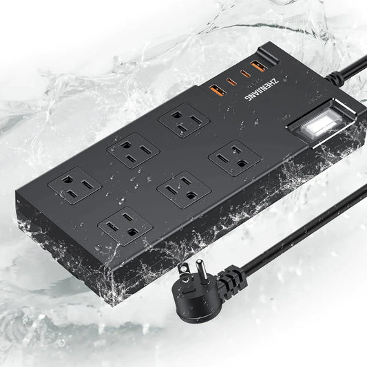 IPX6 Outdoor Power Strip Weatherproof Waterproof Surge Protector with 6 Wide Outlet with 4 USB Ports Fast Charging 6FT Long Outdoor Extension Cord FCC UL Listed Outdoor Power Strip Waterproof Anti Spier