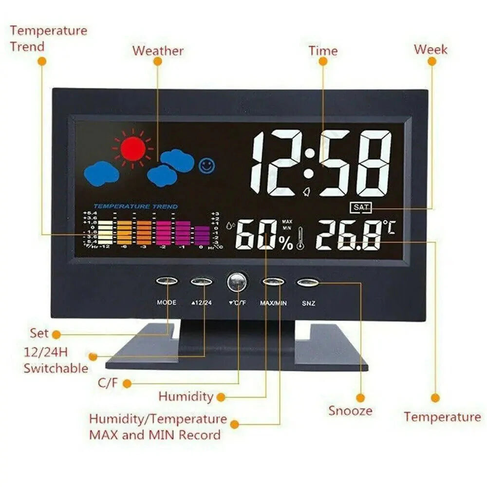 LED Digital Alarm Clock Snooze Calendar Thermometer Hygrometer Weather Display Anti Spier
