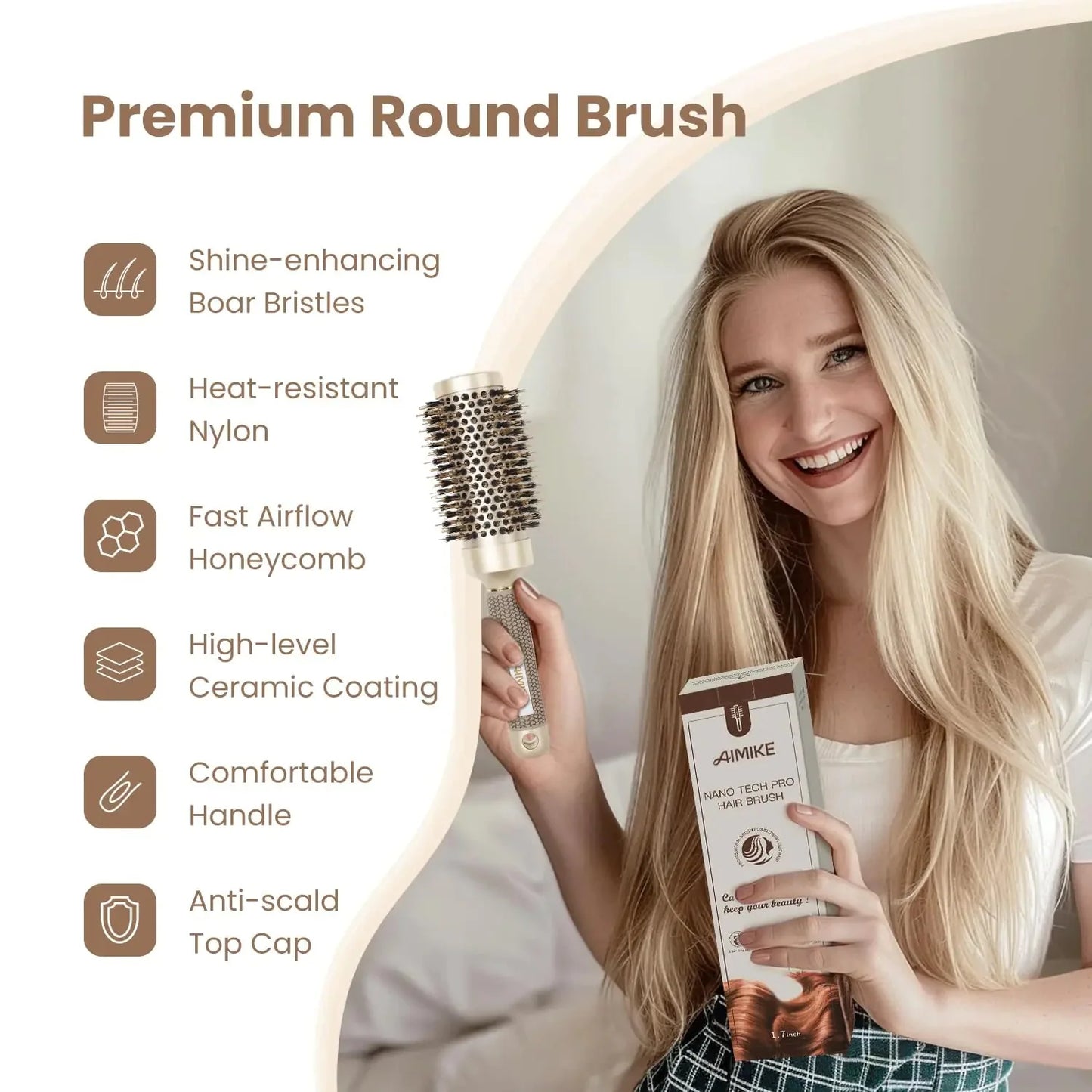 AIMIKE Round Brush, Nano Thermal Ceramic & Ionic Tech Hair Brush, Round Barrel Brush with Boar Bristles for Blow Drying, Styling, Curling, Add Volume & Shine (2.9 inch, Barrel 1.7 inch) + 4 Clips 43mm-1.7 Inch (2.9 Inch with Bristles) Anti Spier