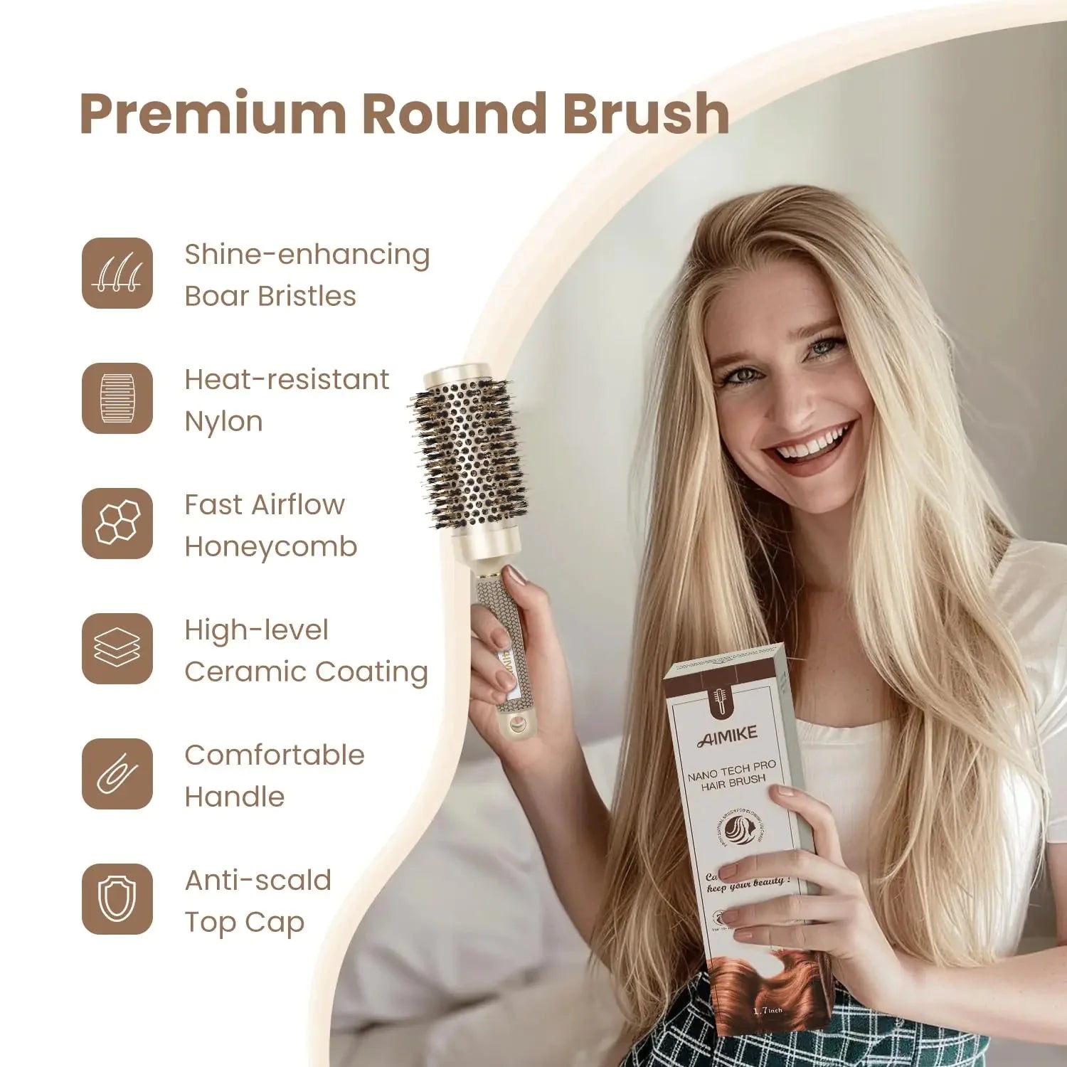 AIMIKE Round Brush, Nano Thermal Ceramic & Ionic Tech Hair Brush, Round Barrel Brush with Boar Bristles for Blow Drying, Styling, Curling, Add Volume & Shine (2.9 inch, Barrel 1.7 inch) + 4 Clips 43mm-1.7 Inch (2.9 Inch with Bristles) Anti Spier